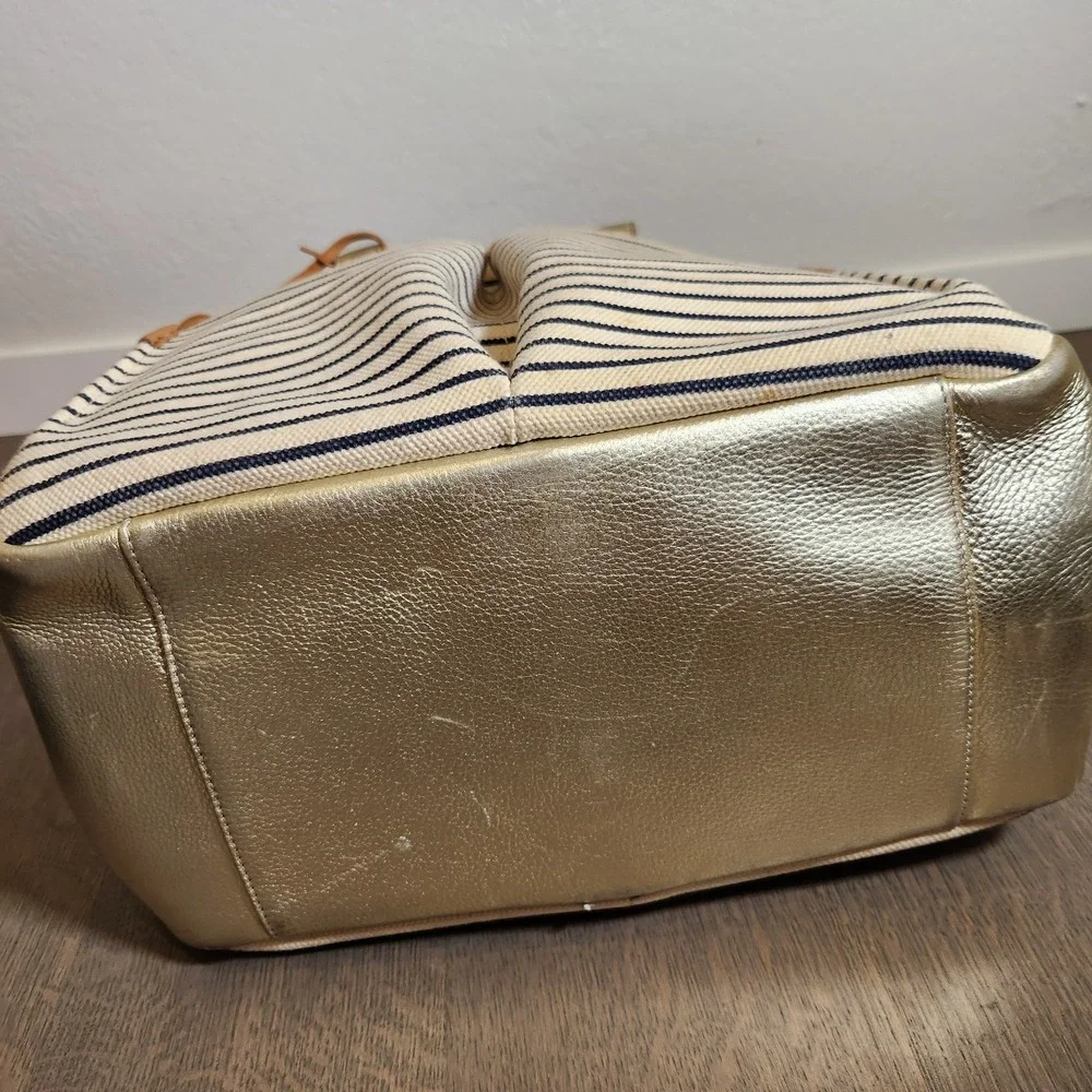 Tory Burch Striped Canvas Gold Metallic Leather Tote Bag Handbag Purse Nautical